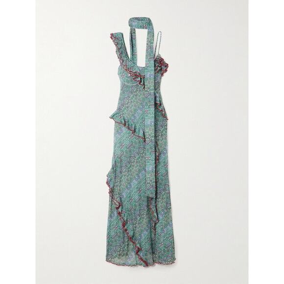 SIEDRÉS Monica Asymmetric Ruffle Floral Recycled Georgette Maxi Dress Eu 32 Blue - Picture 1 of 7